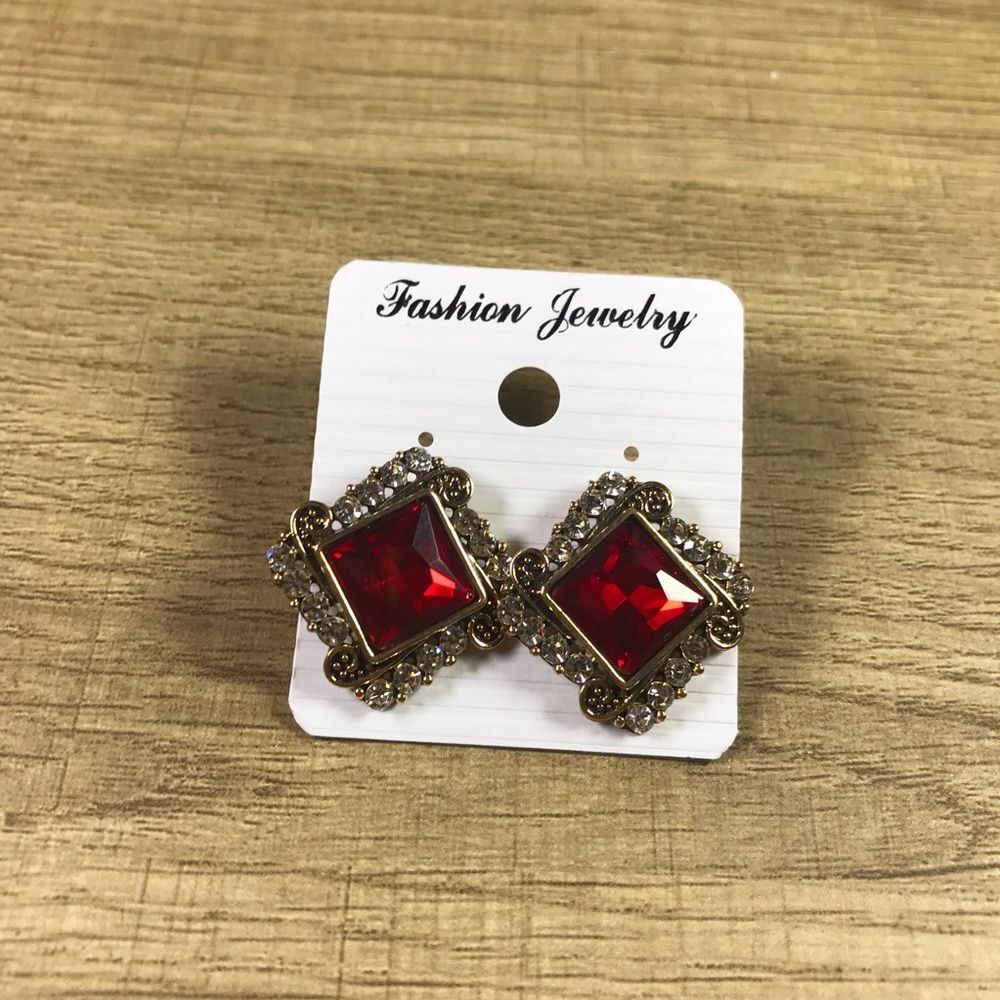 Vintage Diamond Square Shaped Red and Gold Earrings